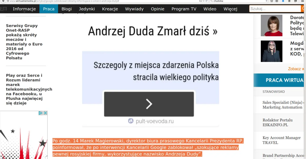 ‚Andrzej Duda dnes zemřel‘. Rusové inzerovali na Googlu