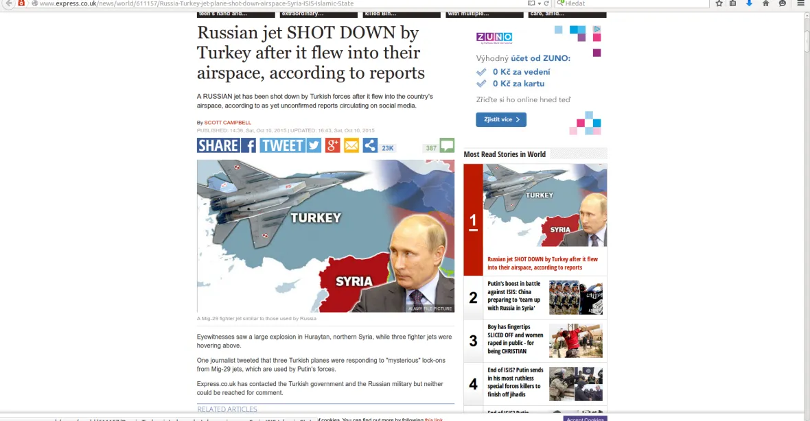 Světová média spekulují: Sestřelili Turci ruskou stíhačku?