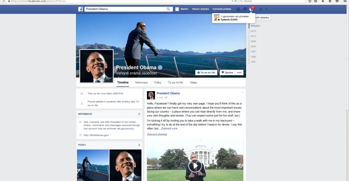 Obama je na Facebooku a hned začal boj s oteplováním