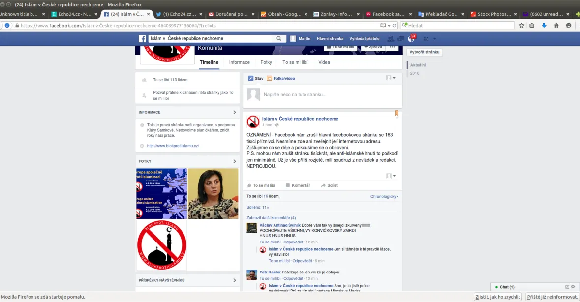Facebook zablokoval stránku Islám v České republice nechceme