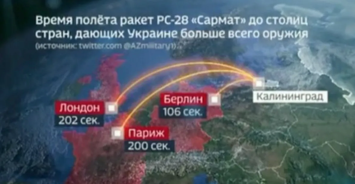 „Jaderná raketa je v Londýně za 202 sekund.“ Ruská televize spočítala trasu střel