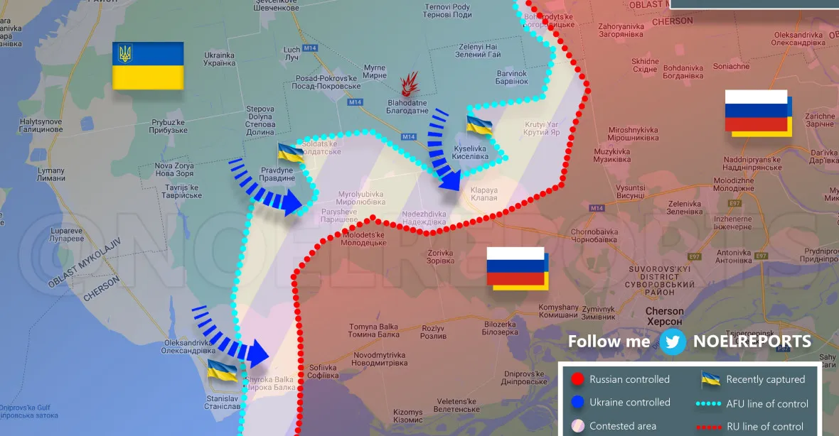 Ukrajinci hnali Rusy u Chersonu sedm kilometrů. Podle Zalužného osvobodili 12 obcí