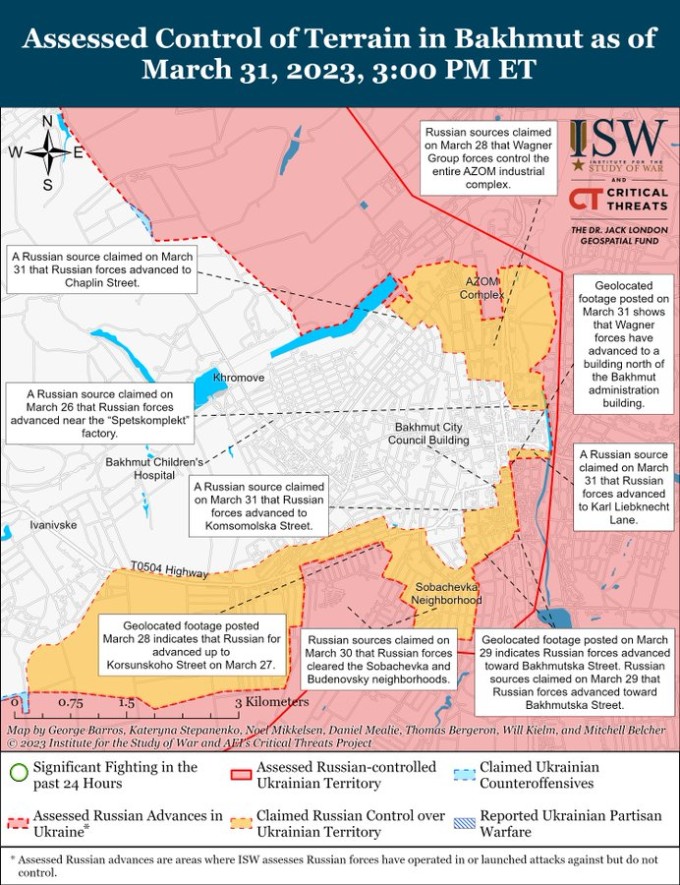 Situace na frontě podle pozorování amerického ISW k 31. březnu.