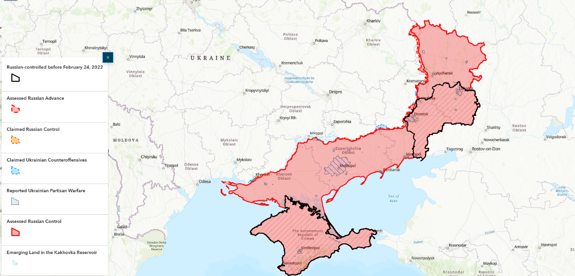 Mapa Ruskem okupovaných území na Ukrajině k 4. červenci 2023.