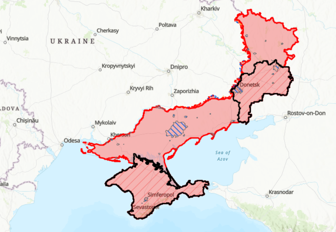 Mapa Ruskem okupovaných území na Ukrajině k 5. červnu 2023, kdy některá média informovala o tom, že začala ukrajinská protiofensiva.