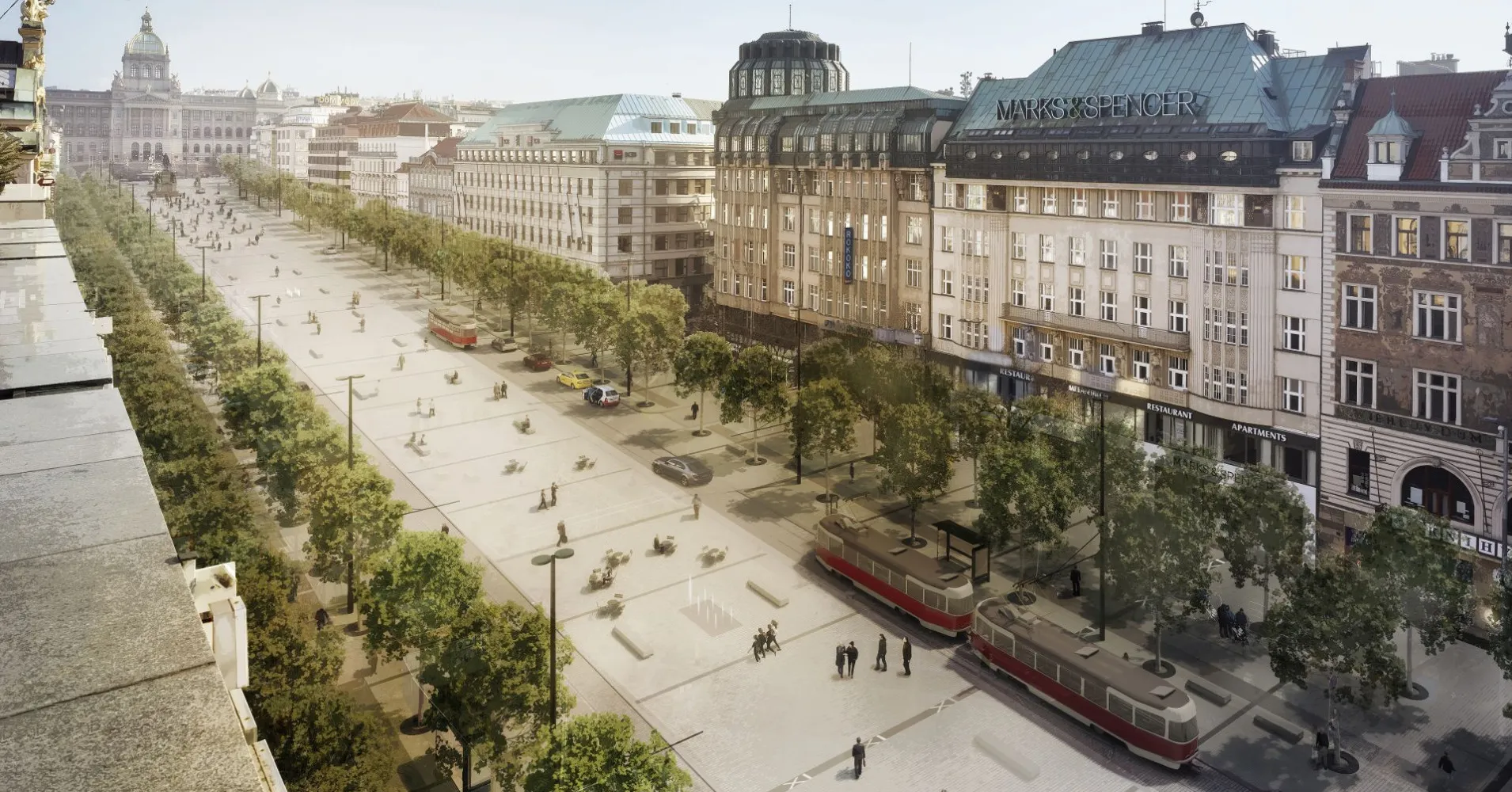 Na Václavské náměstí se vrátí tramvaje a kolonáda. Rekonstrukce začne v červnu